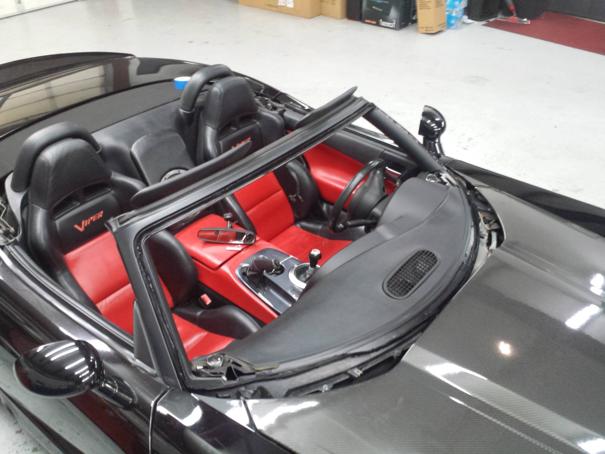 Dodge Viper with the windshield removed for replacement